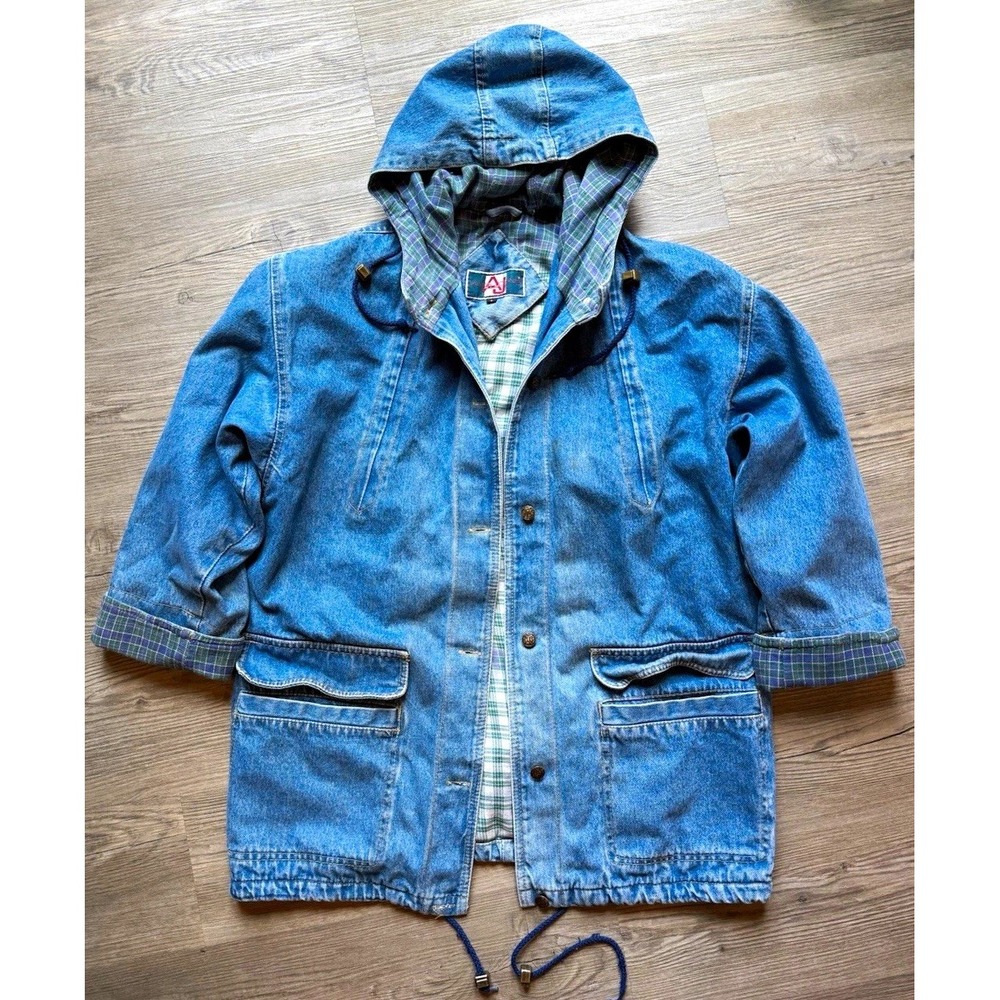 Vintage Andy Johns Denim Hooded Parka Jacket Plaid Lined Oversized Small